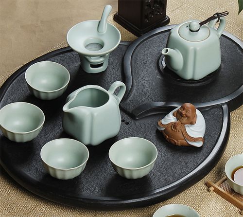 友尚汝窑陶瓷茶具套装特价 乌金石石头茶盘 整套功夫茶具茶海